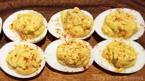 Image of 6 deviled eggs on serving dish