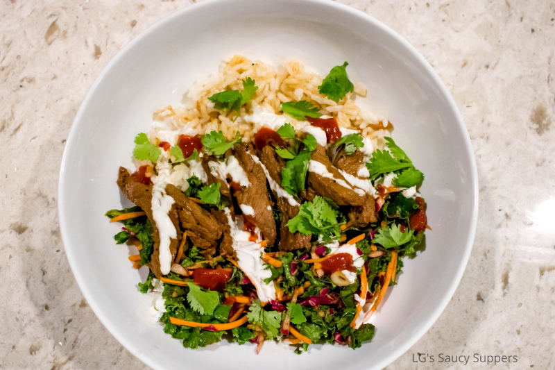 Bowl of steak, rice, and kale slaw