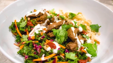 Bowl of steak, rice, and kale slaw