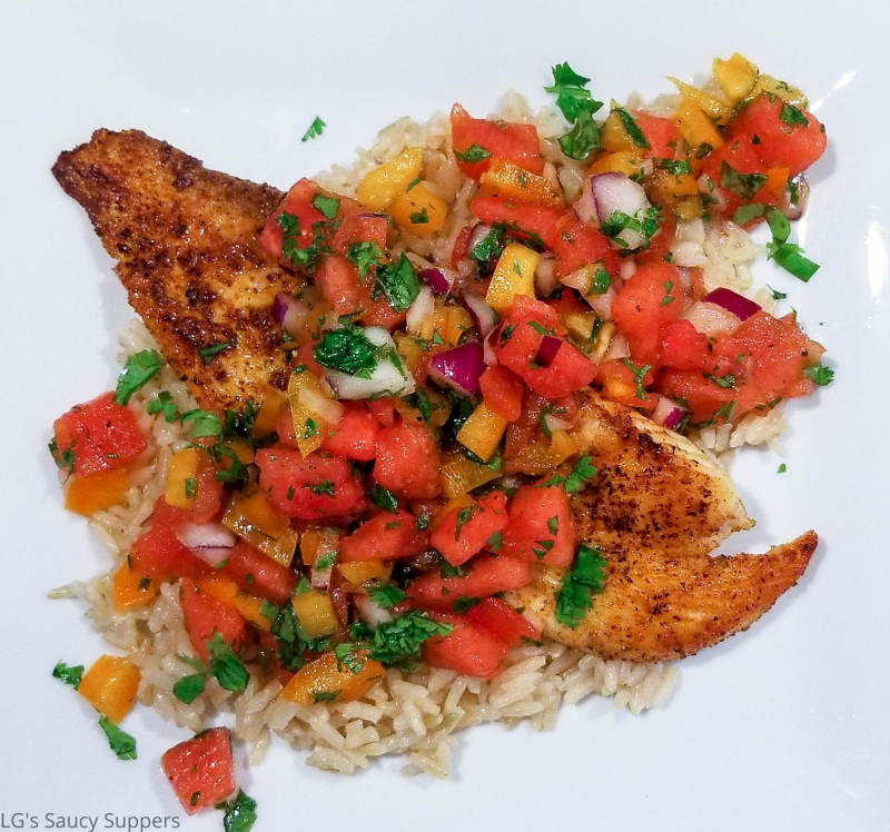 Watermelon Pico de Gallo over blackened fish and rice